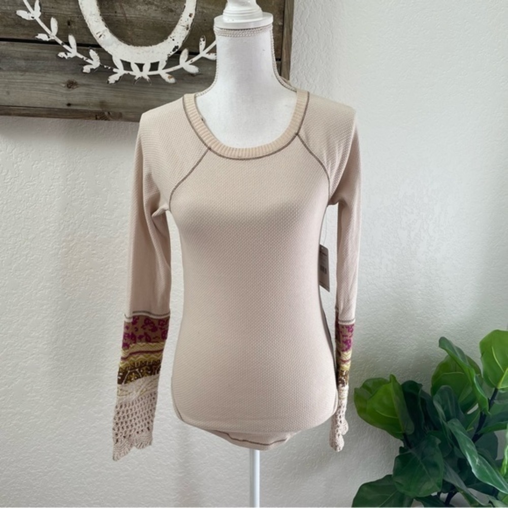 Free People cream thermal top crochet sleeve boho size S NWT